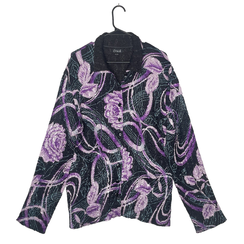 Crush Women Blouse 1X‎ Floral Crinkle 80s Long Sleeve Reversible Cyberpunk Rave